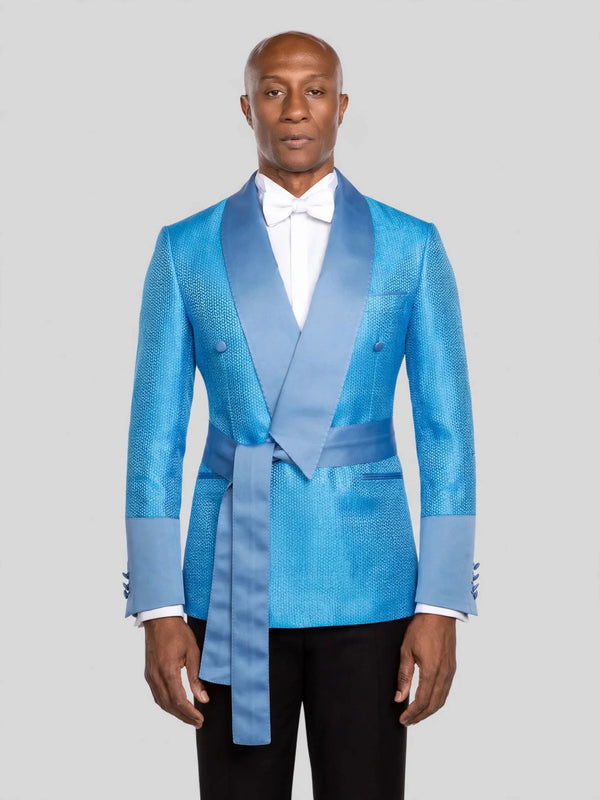 Turquoise Micro-Weave Dusty-Blue Satin Shawl-Collar Belted Double-Breasted Tuxedo Jacket - cover