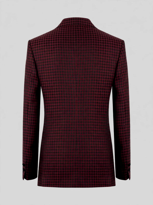 Burgundy Black Houndstooth Satin Peak-Lapel Double-Breasted Tuxedo Jacket 09