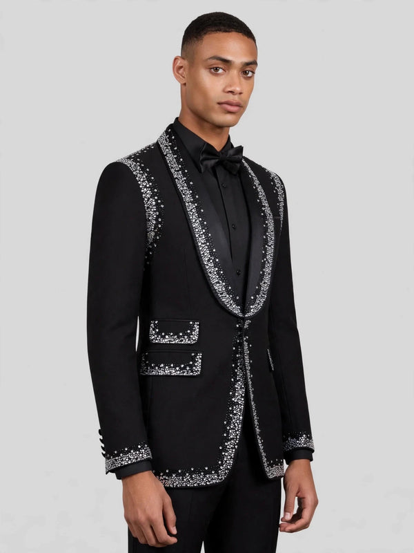 Onyx Silver Crystal Perimeter Shawl-Collar Tuxedo Jacket 06