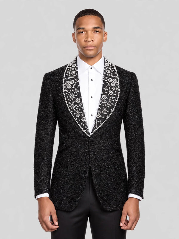 Onyx Silver Pearl-Floral Shawl-Collar Tuxedo Jacket 01