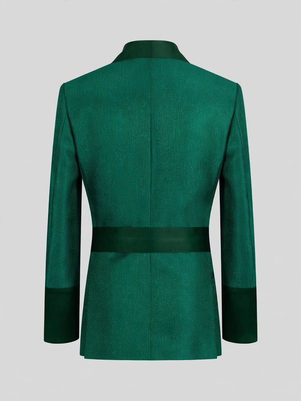 Emerald Micro-Dot Dark-Green Satin Shawl-Collar Belted Double-Breasted Tuxedo Jacket 09