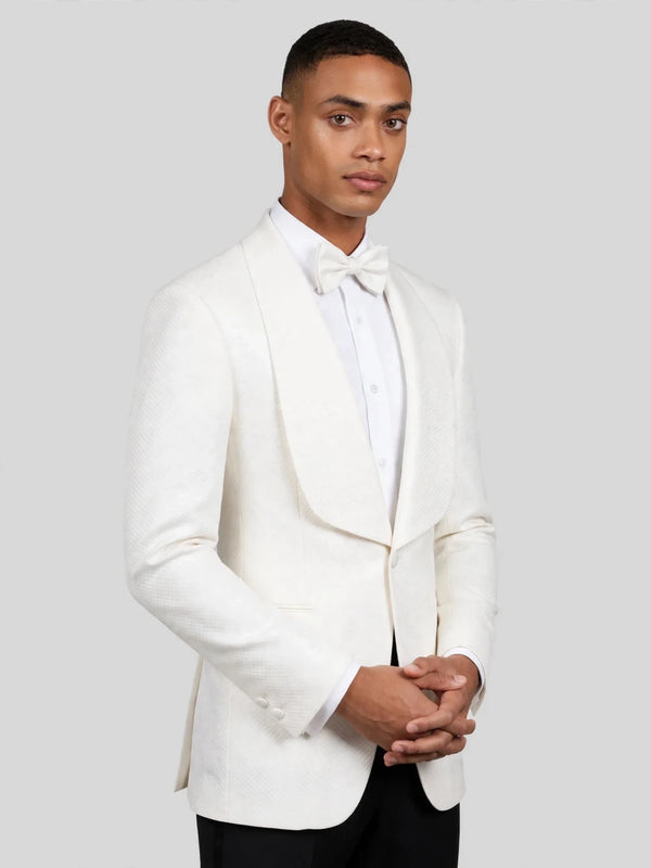 Ivory Diamond-Texture Shawl-Collar Tuxedo Jacket 03
