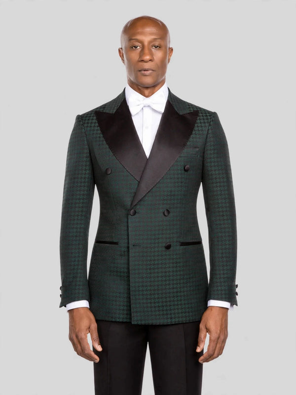 Forest Green Houndstooth Satin Peak-Lapel Six-Button Double-Breasted Tuxedo Jacket - cover