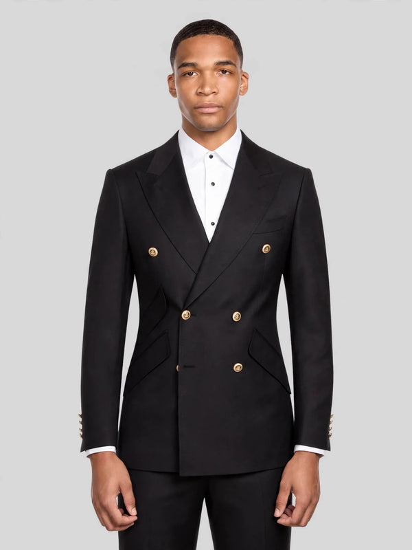 Onyx Gold-Button Slant-Flap Peak-Lapel Double-Breasted Suit Jacket 01