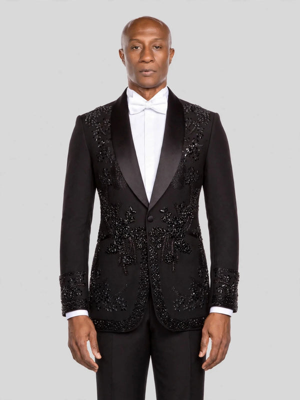 Onyx Jet Floral-Vine Shawl-Collar Tuxedo Jacket - cover