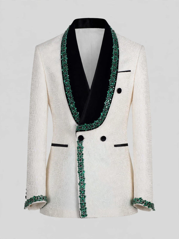 Ivory Emerald-Leaf Velvet Shawl-Collar Double-Breasted Tuxedo Jacket 07