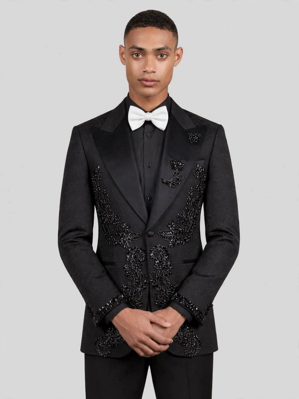 Onyx Jet Lace-Motif Peak-Lapel Tuxedo Jacket 05