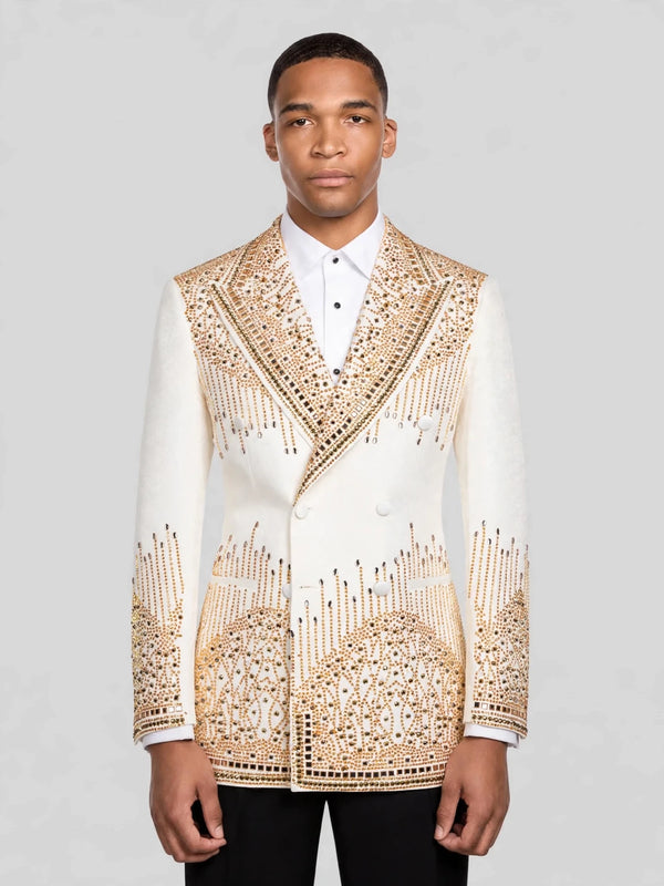Ivory Champagne Mirror-Stud Crystal Cascade Peak-Lapel Double-Breasted Tuxedo Jacket 01