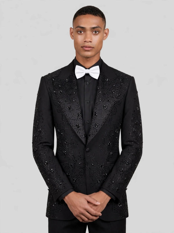 Onyx Jet Paisley-Scatter Peak-Lapel Tuxedo Jacket 05