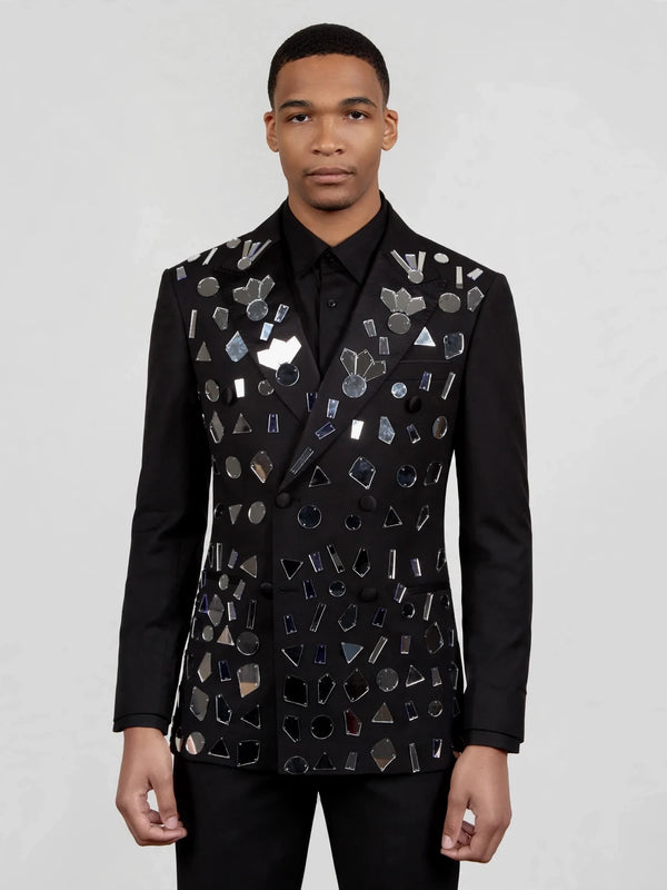 Onyx Geometric Mirror-Scatter Peak-Lapel Double-Breasted Tuxedo Jacket 04