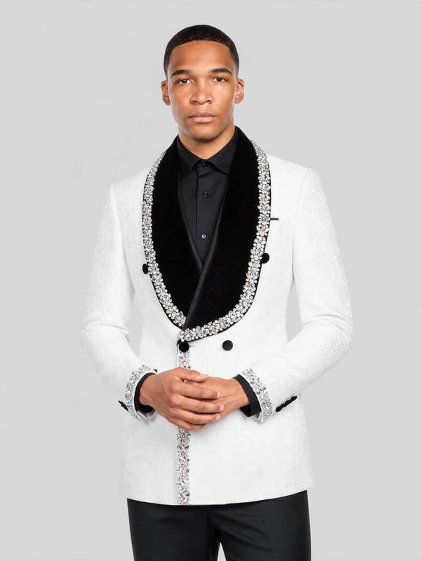 Ivory Silver Crystal Velvet Shawl-Collar Double-Breasted Tuxedo Jacket 04