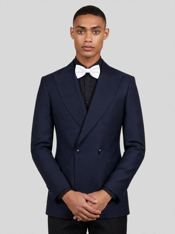Midnight Navy Patch-Pocket Pick-Stitch Peak-Lapel Double-Breasted Tuxedo Jacket 05