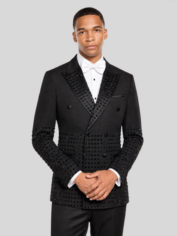 Onyx Jet Beaded-Grid Peak-Lapel Double-Breasted Tuxedo Jacket 03