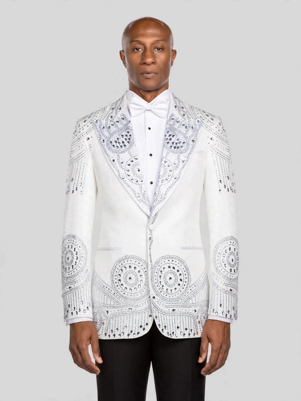 Ivory Silver Mandala-Lace Peak-Lapel Tuxedo Jacket - cover