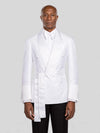 Snow White Micro-Dot Satin Shawl-Collar Belted Double-Breasted Tuxedo Jacket - cover