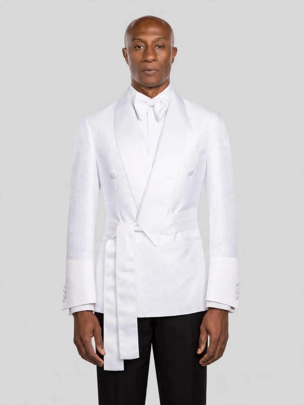 Snow White Micro-Dot Satin Shawl-Collar Belted Double-Breasted Tuxedo Jacket - cover