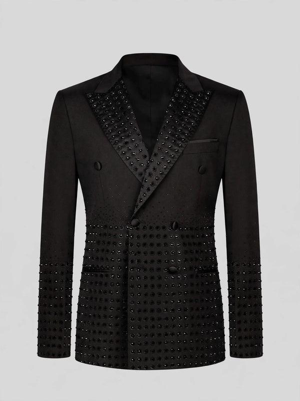 Onyx Jet Beaded-Grid Peak-Lapel Double-Breasted Tuxedo Jacket 07
