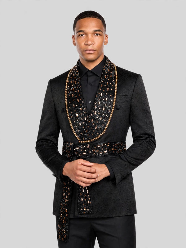 Onyx Gold Crystal Belted Shawl-Collar Double-Breasted Tuxedo Jacket 04