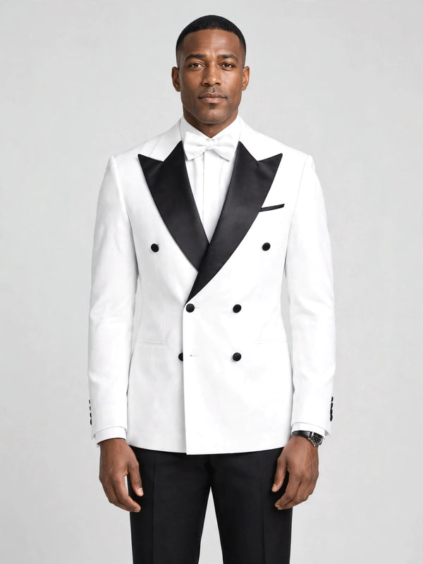 Snow White Black Satin Peak-Lapel Six-Button Double-Breasted Tuxedo Jacket - cover