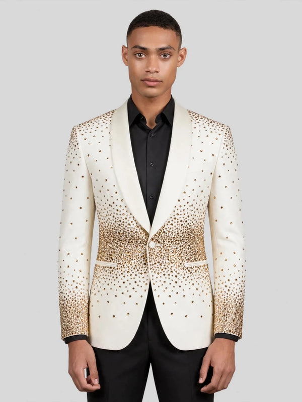 Ivory Gold Gradient Crystal-Dot Shawl-Collar Tuxedo Jacket 04
