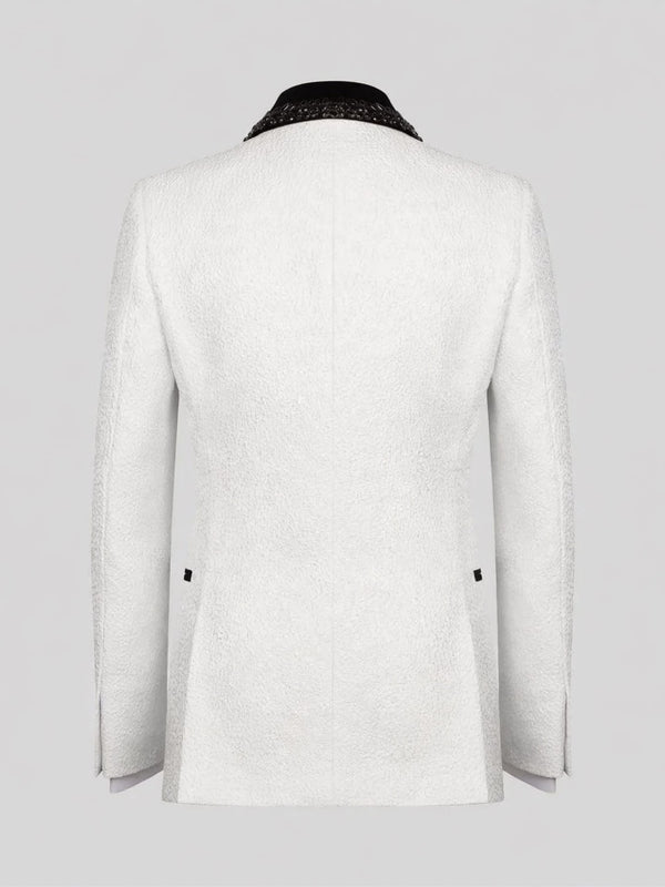 Ivory Jet-Leaf Velvet Shawl-Collar Double-Breasted Tuxedo Jacket 09