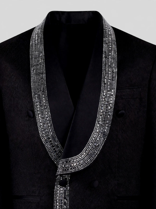 Onyx Silver Crystal-Mosaic Shawl-Collar Double-Breasted Tuxedo Jacket 08