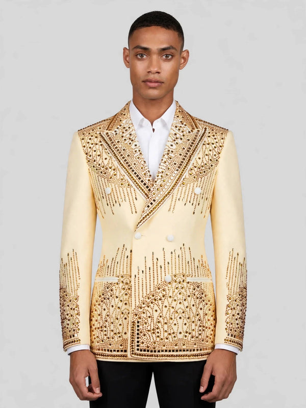 Cream Champagne Mirror-Stud Cascade Peak-Lapel Double-Breasted Tuxedo Jacket 01