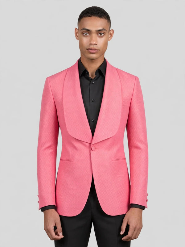Coral Pink Diamond-Texture Shawl-Collar Tuxedo Jacket 04