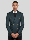 Slate Teal Gold-Button Slant-Flap Peak-Lapel Double-Breasted Suit Jacket 05