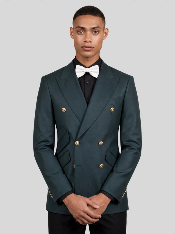 Slate Teal Gold-Button Slant-Flap Peak-Lapel Double-Breasted Suit Jacket 05