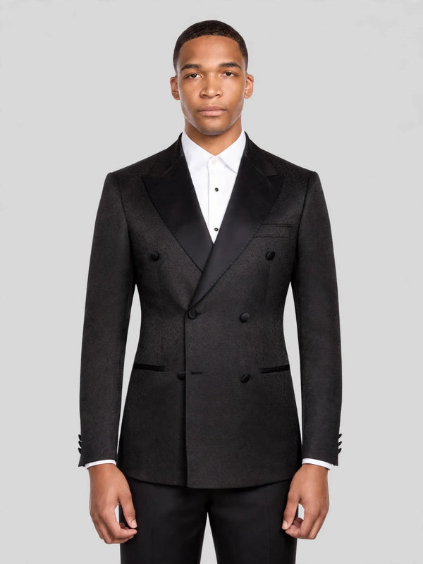 Onyx Grain-Textured Satin Peak-Lapel Double-Breasted Tuxedo Jacket 01
