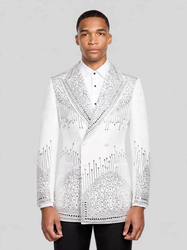 Ivory Silver Crystal Drip Peak-Lapel Double-Breasted Tuxedo Jacket 01