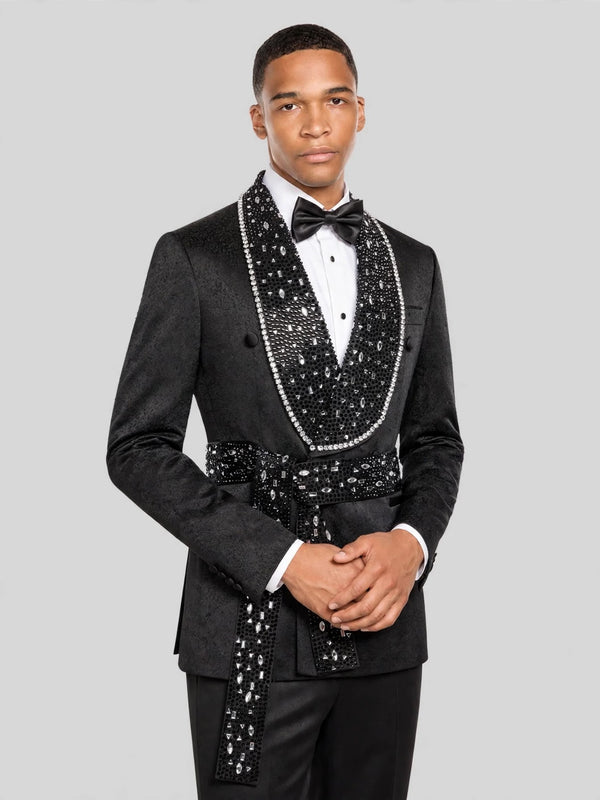 Onyx Silver Crystal Belted Shawl-Collar Double-Breasted Tuxedo Jacket 02