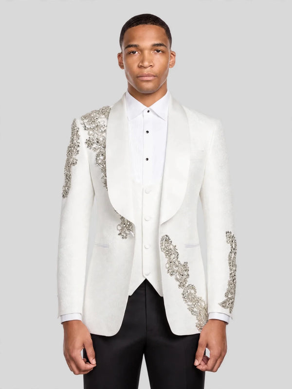 Ivory Silver Crystal Floral Diagonal Shawl-Collar Tuxedo Jacket 01