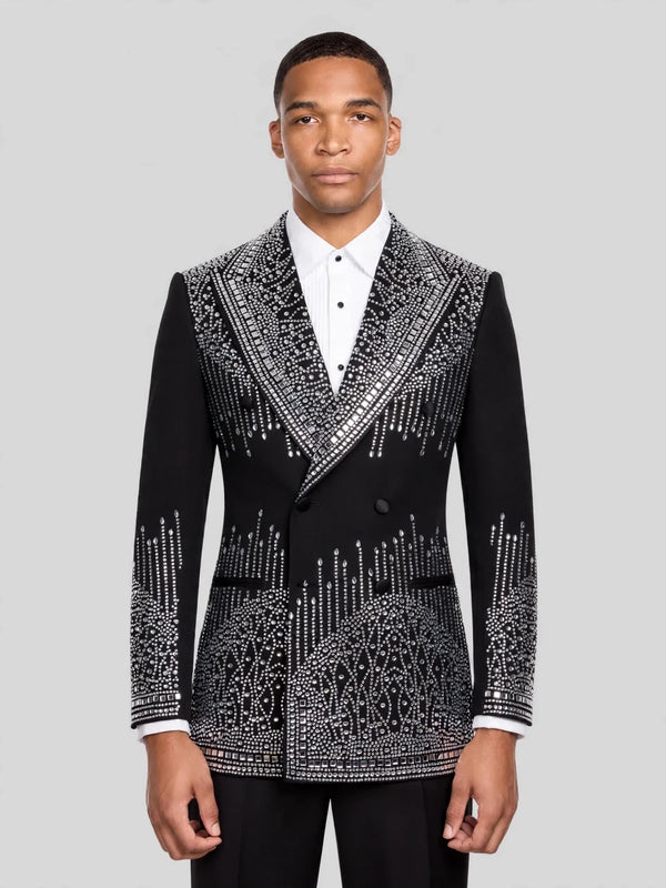 Onyx Silver Crystal Drip Peak-Lapel Double-Breasted Tuxedo Jacket 01