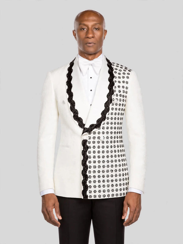 Ivory Jet Floral-Grid Scalloped Shawl-Collar Double-Breasted Tuxedo Jacket - cover