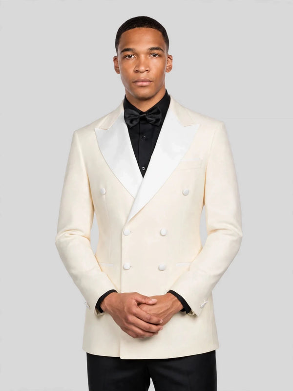 Cream White Satin Peak-Lapel Double-Breasted Tuxedo Jacket 06