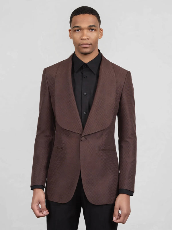 Chocolate Brown Diamond-Texture Shawl-Collar Tuxedo Jacket 04