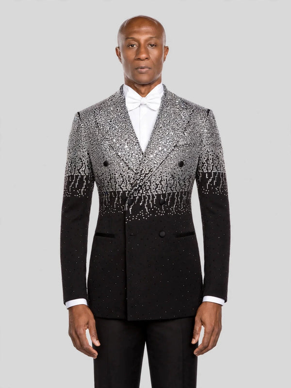 Onyx Silver Ombre Crystal Peak-Lapel Double-Breasted Tuxedo Jacket - cover