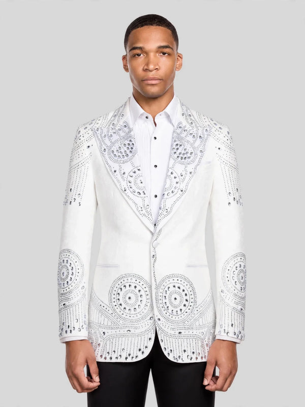 Ivory Silver Mandala-Lace Peak-Lapel Tuxedo Jacket 01