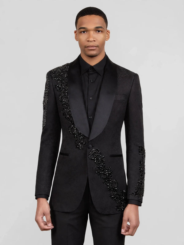 Onyx Jet Beaded Diagonal Shawl-Collar Tuxedo Jacket 04