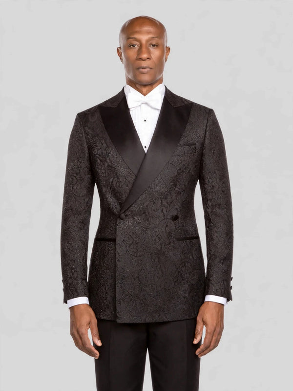 Onyx Tonal Paisley Satin Peak-Lapel Double-Breasted Tuxedo Jacket - cover