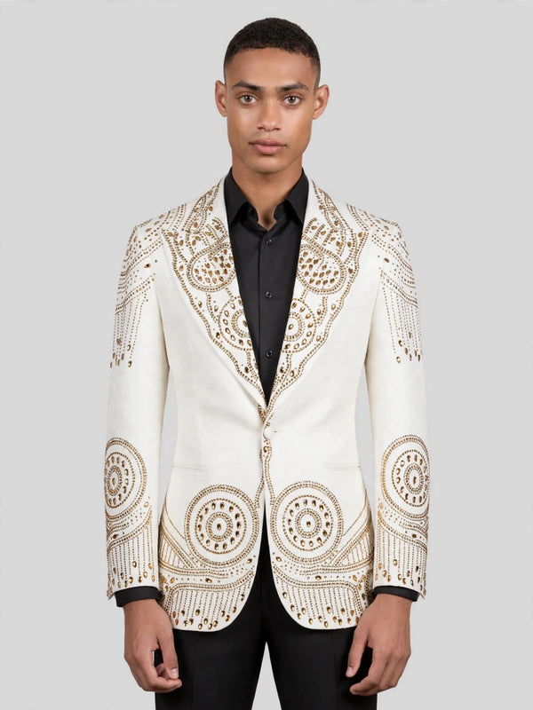 Ivory Gold Crystal Mandala Peak-Lapel Tuxedo Jacket 04