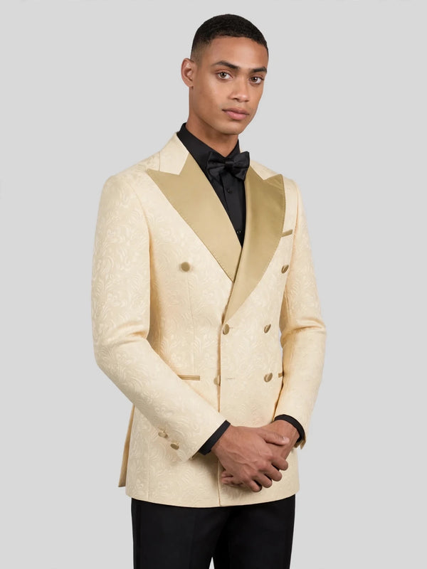 Champagne Paisley-Jacquard Gold Satin Peak-Lapel Six-Button Double-Breasted Tuxedo Jacket 06