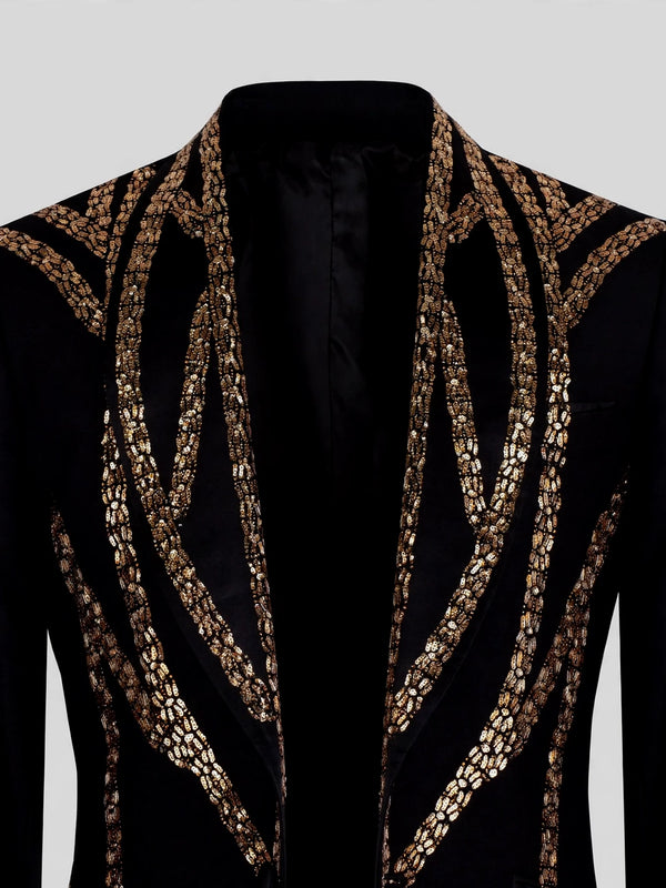 Onyx Gold Sequin Wave Peak-Lapel Tuxedo Jacket 08