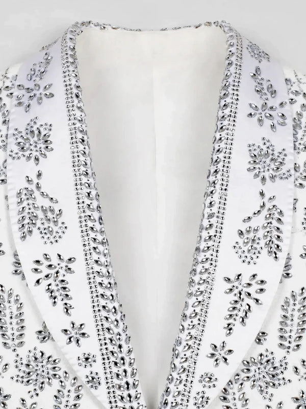 Ivory Silver Crystal Floral Shawl-Collar Tuxedo Jacket 08