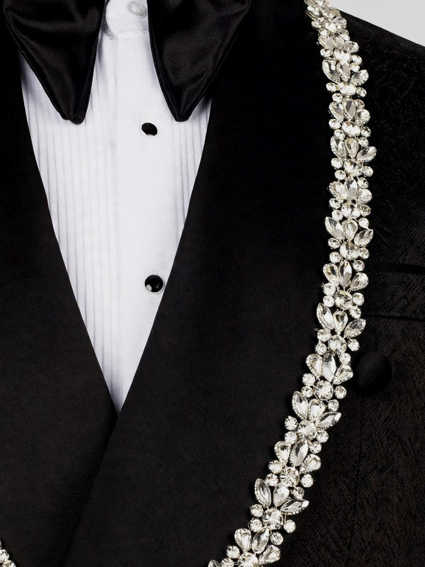 Onyx Matte Silver Crystal-Trim Shawl-Collar Double-Breasted Tuxedo Jacket 08