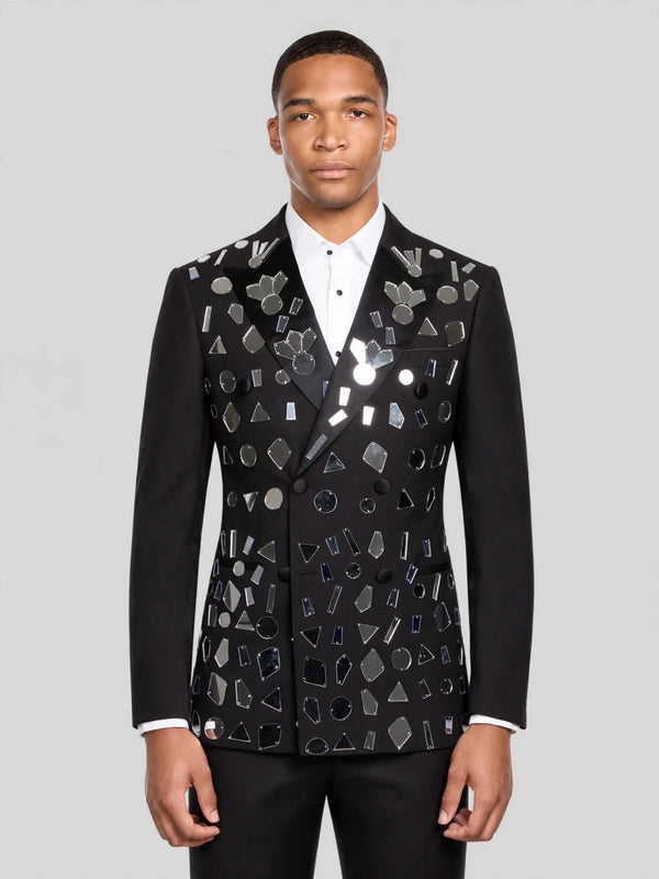 Onyx Geometric Mirror-Scatter Peak-Lapel Double-Breasted Tuxedo Jacket 01