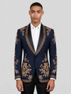 Midnight Navy Gold Crystal Floral Shawl-Collar Tuxedo Jacket 01