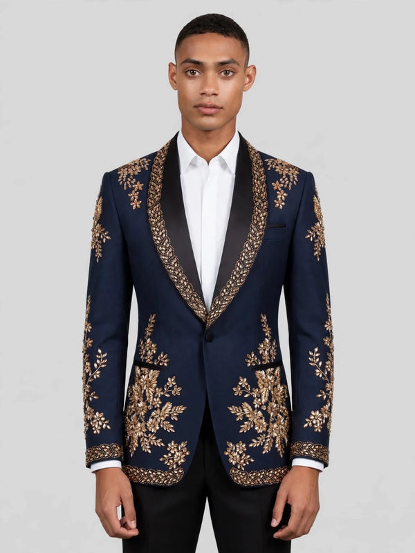 Midnight Navy Gold Crystal Floral Shawl-Collar Tuxedo Jacket 01
